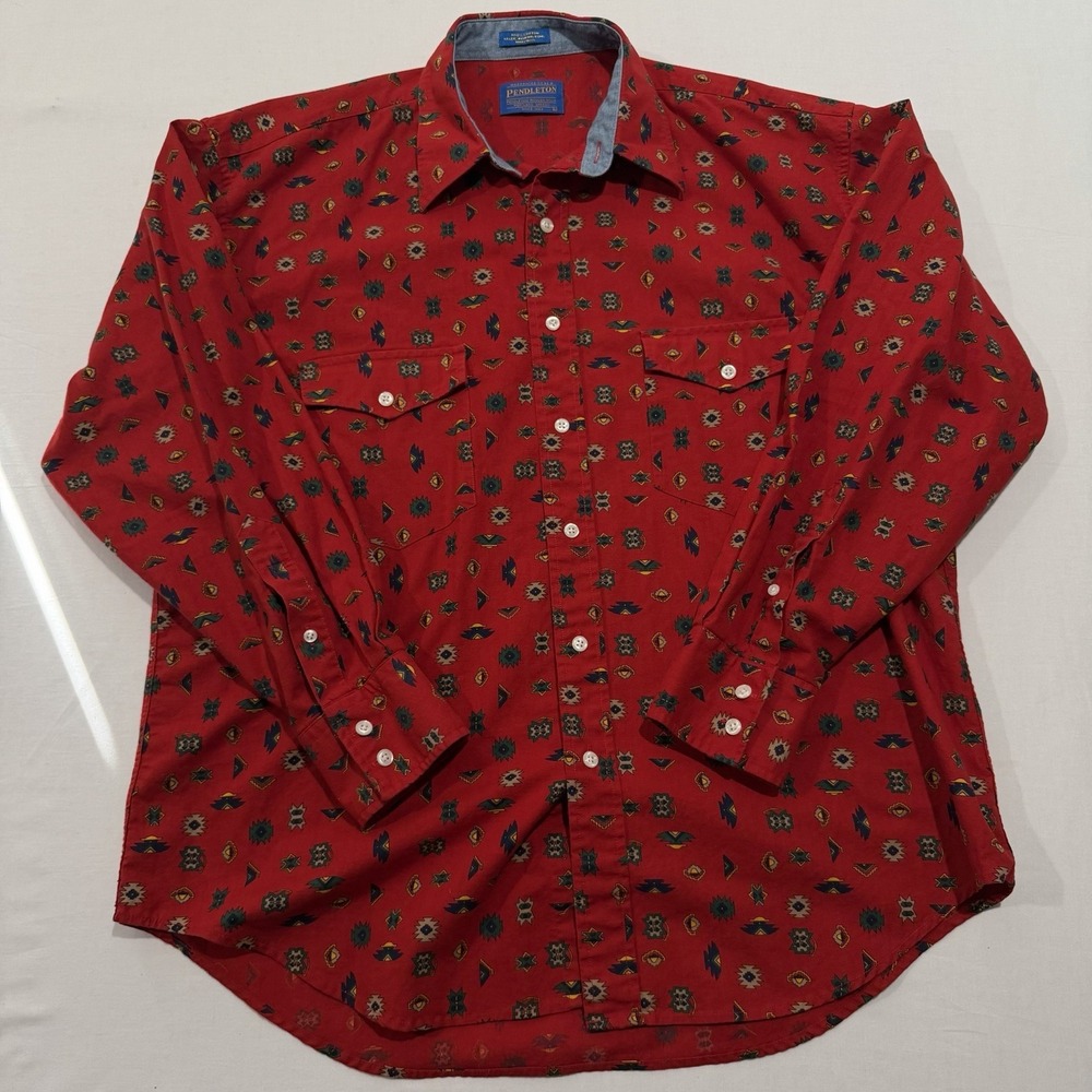 Vintage Pendleton Mens L Southwestern Aztec Cotton Western Button Down Shirt Red
